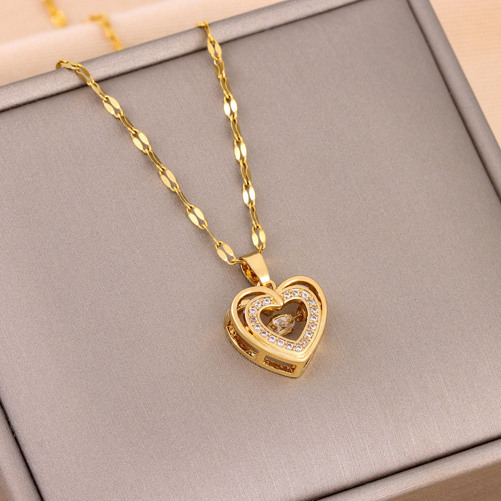 Elegant Double Heart Titanium Necklace with Rhinestones